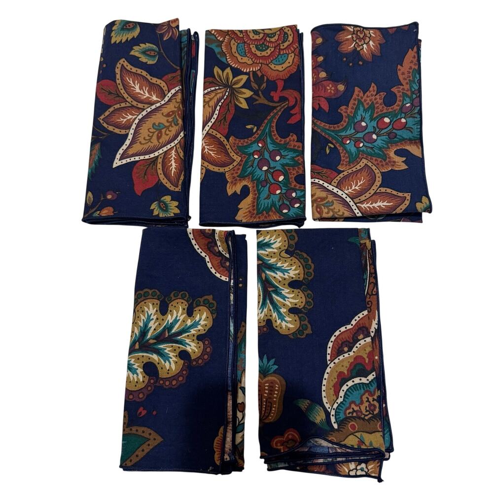 Navy Blue Jacobean Print Cloth Dinner Napkins Set of 5 Cotton Botanicals Florals